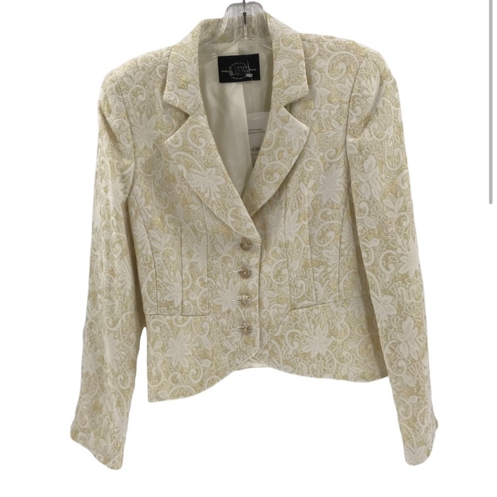 NWOT B Moss Womens Gold White Metallic Floral Brocade Blazer Jacket Wedding - 4